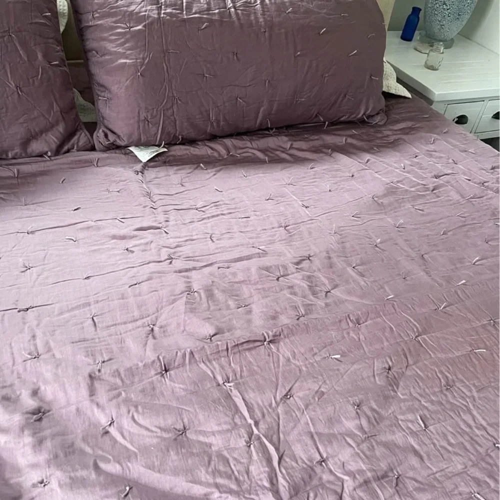 Pottery Barn King Quilt & 2 Shams Dusty Mauve Cotton Textured Bedding Set